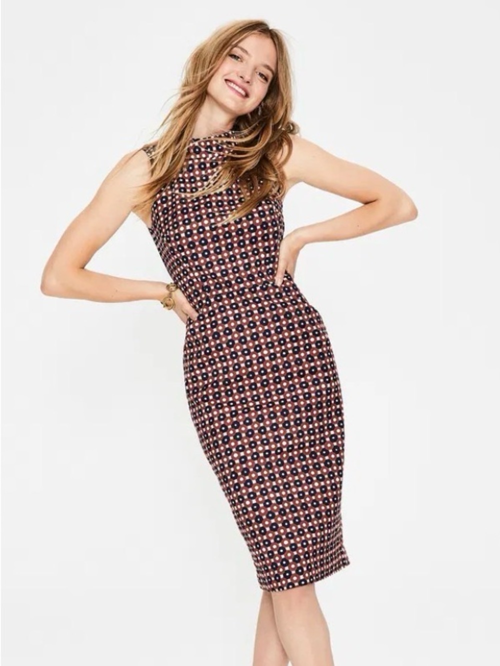 Boden Navy and Pink Geo-Print Sleeveless Midi Dress